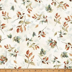 Leaves on Cream w/Gold Metallic Fabric / Blue Jay Song Collection by Hoffman Fabrics Autumn, Fall, Floral,  Yardage & Fat Quarter Material