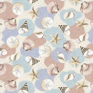 Shells and Starfish on Light Blue Fabric / Ocean Life Fabric by the yard / Ocean Oasis by Blank Quilting, Ocean Fish Fat Quarter and Yardage