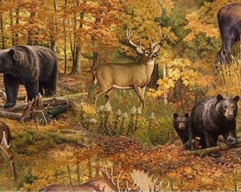 Bear Moose and Deer Overall Fabric / Autumn Wilderness Wildlife Fabric Northcott Fall Hunting Material by the yard, Yardage & Fat Quarters