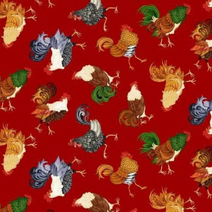 Red Tossed Chickens & Roosters by Henry Glass Farm Raised Rooster Patch  Kitchen Fabric by the yard / Rooster and Hen Fat Quarters