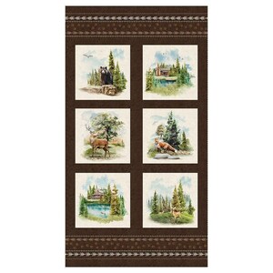 May include: A rectangular fabric panel featuring a dark brown border with white arrow patterns. The center contains six square illustrations of forest scenes, including a bear, a deer, a fox, a cabin by a lake, and evergreen trees.
