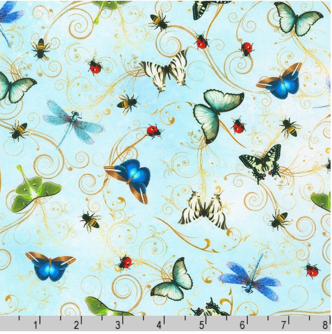Secret Garden Butterflies and Bugs on Sky Blue Fabric by Robert Kaufman