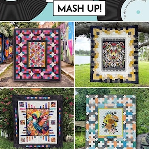 May include: A book cover titled PANEL MASH UP! by Gudrun Erla & Doug Leko featuring 20 Original Panel Designs. The cover displays four distinct quilts: one with a floral center, one with a dark botanical print, one with a hummingbird, and one with a floral bouquet, all surrounded by various geometric patchwork borders.