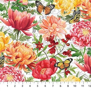 19x44" Remnant Morning Blossom Multi Flowers and Butterflies  Fabric