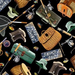 Fishing Gear on Black Fabric / Hunting and Fishing Fabric / Fishing Gear Fabric / Timeless Treasures c6403 /  Fishing Yardage & Fat Quarters