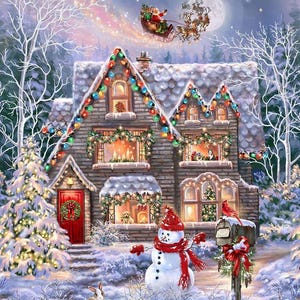 Santa & Snowman with Holiday House Christmas Santa Clause 36&quot; Panel / Holiday Fabric Panels / Christmas Fabric Panel
