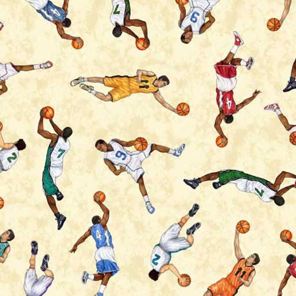 Basketball Fabric / Slam Dunk Basketball Player Toss on Ecru Fabric by the Yard by Quilting Treasures Cotton Fat Quarters and Yardage