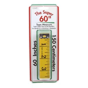 Puede incluir: Un flexómetro amarillo de 150 cm con marcas negras, presentado en una tarjeta blanca y roja. El texto "The Super 60" es visible, junto con "60 Inches". La cinta métrica es de fibra de vidrio y lavable.