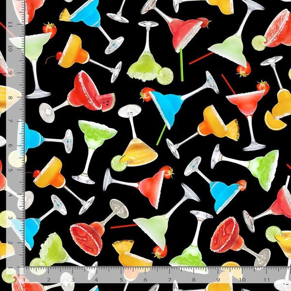 Tropical Escape Margaritas on Black Fabric / Foodie 5 O'clock  Cocktail Time Yardage / Benartex Summer Drinks by the yard and Fat Quarters
