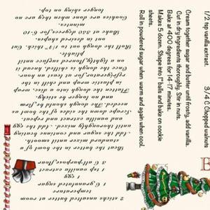 May include: A vintage recipe card with a hand-drawn illustration of a Christmas tree decorated with ornaments and a bow. The recipe card includes instructions for making walnut cookies, with ingredients like butter, sugar, vanilla extract, and chopped walnuts. The recipe card is printed on a cream-colored background.