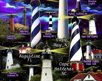 Lighthouse Collage 36" Panel Coastal Guardians Fabric Panel / Light House Fabric Panel by David Textiles / Quilt Panel  Fabric Panel