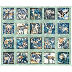 May include: A fabric panel featuring a grid of twenty square illustrations of North American wildlife, including bears, wolves, deer, moose, and an eagle, rendered in shades of blue, brown, and cream against a textured light green background.