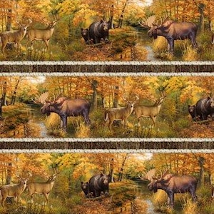 Bear Moose and Deer Border Stripe Fabric / Autumn Wilderness Fabric Northcott Fall Hunting Material by the yard, Yardage