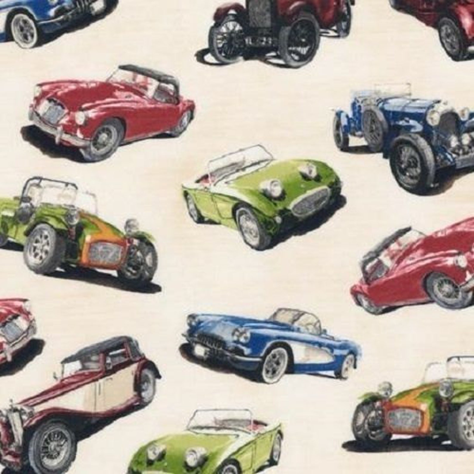 Vintage Car Fabric / Classic Cruisers on Cream Antique Car | Etsy
