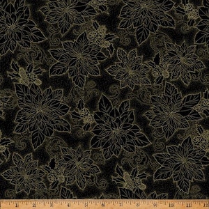 Poinsettia Outlines on Black w/Gold Metallic / Christmas Splendor Collection Hoffman Christmas Material / Holiday Yardage & Fat Quarters