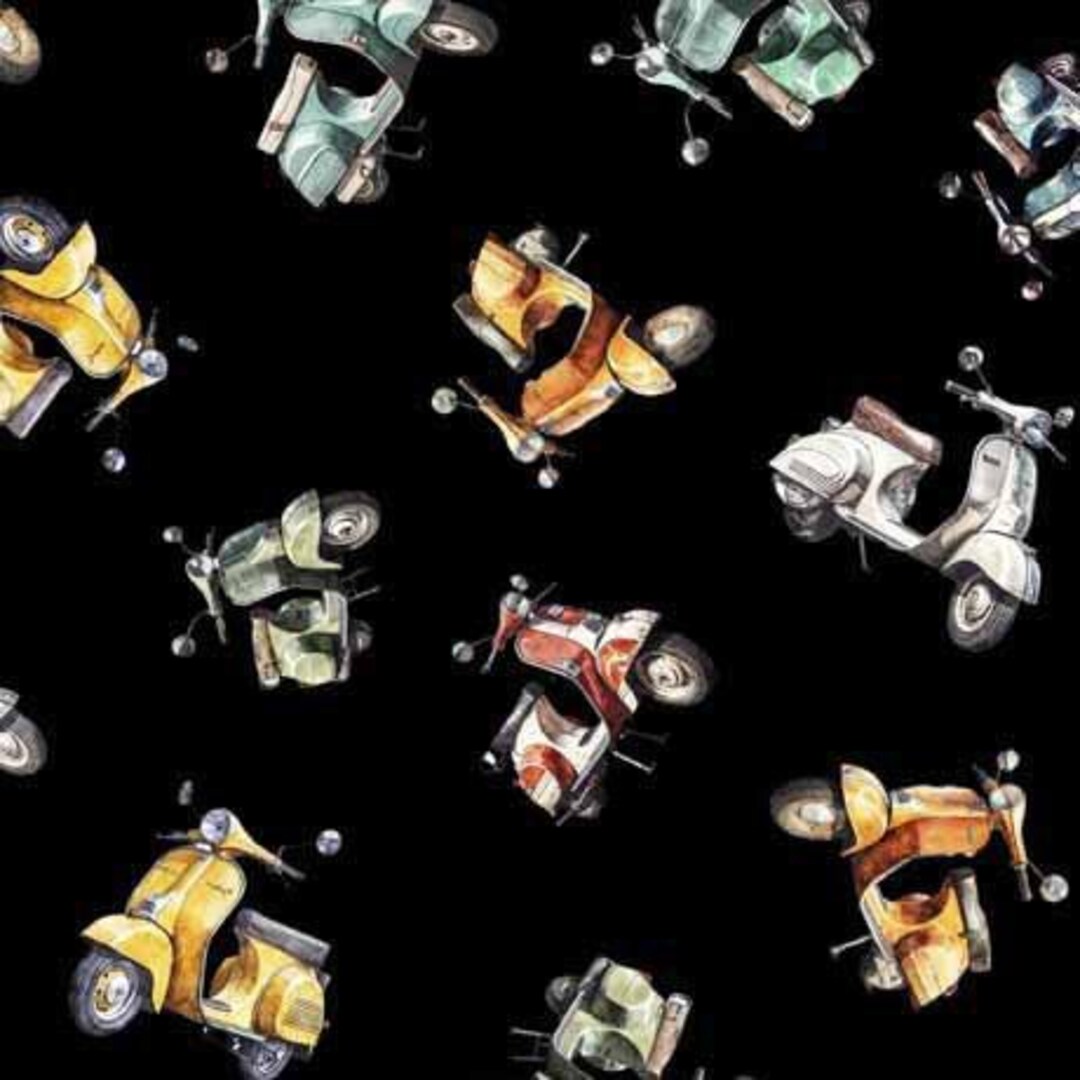 Motorroller auf Schwarz Stoff Meterware Globetrotter von