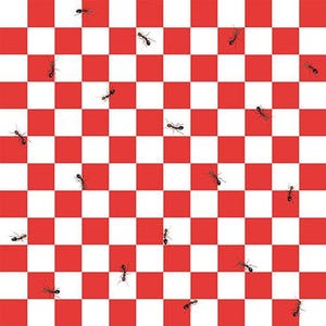 Puede incluir: Un patrón de cuadros rojos y blancos con numerosas hormigas negras dispersas por la superficie. Las hormigas están representadas de forma realista, añadiendo un toque natural al diseño.