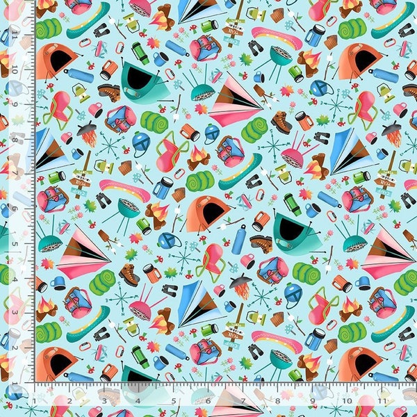 Under the Stars Assorted Camping Motifs on Blue Fabric by Timeless Treasures Camping Fabric / Vintage Camper Fabric / Yardage Fat Quarters