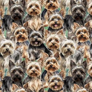 May include: A repeating pattern featuring multiple Yorkshire Terrier dogs with tan and black fur. Each dog is depicted with pointed ears, dark eyes, and a small nose, set against a subtle green background. The design showcases the dogs in various poses.