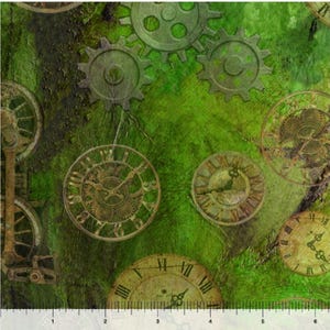 May include: A fabric pattern featuring various clock faces and mechanical gears in shades of brown and bronze set against a textured green background. A white measuring tape with centimetre markings is visible along the bottom edge of the image.