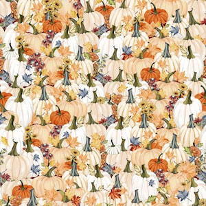 May include: A repeating pattern featuring white and orange pumpkins interspersed with autumn leaves, small yellow flowers, and dark blue foliage. The design creates a dense, seasonal harvest theme with a variety of gourd shapes and sizes.