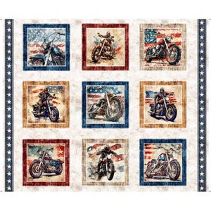 May include: A fabric panel featuring a grid of nine square illustrations of motorcycles against American flag backgrounds, framed by vertical borders with white stars on a blue background. Each square depicts a different motorcycle scene.