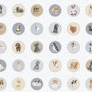 Dogs in 3.75&quot; Circles Fabric / Whiskers and Paws Nursery fabric by Hannah Dale, Maywood Studio Fabric by the yard, Yardage & Fat Quarters
