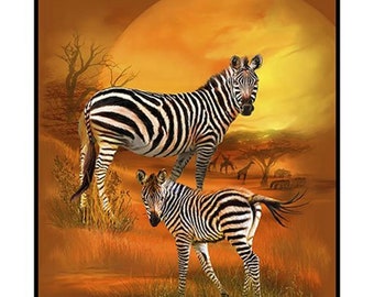 Wild Zebra Panel Fabric Panel Quilt Panel / Zebra Sunset collection from QT Fabrics African Safari 36" Fabric Panel / Quilting Fabric Panels