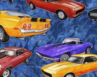 Car Transportation Fabric / Streets of Fire Car and Flames on Blue Fabric by QT Fabrics, Yardage & Fat Quarters Available