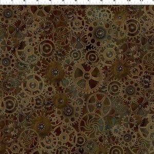 May include: A fabric pattern featuring a dense, overlapping arrangement of metallic bronze, copper, and gold-toned mechanical gears and cogs. A white ruler measuring 11 inches is visible along the top edge of the textile design.