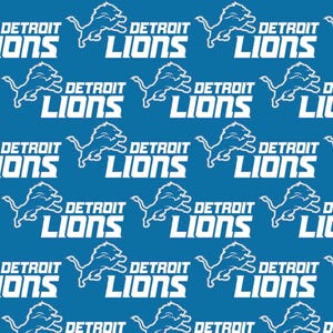 May include: A blue fabric featuring a repeating pattern of the white Detroit Lions logo and the text Detroit Lions in a bold, blocky font. The design is arranged in a grid layout across the entire surface of the material.