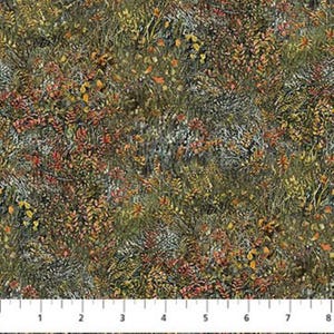 May include: A fabric print featuring a dense pattern of autumn foliage with shades of orange, red, yellow, and dark green leaves and twigs. A white ruler with black markings is visible at the bottom, showing 20 cm of length.