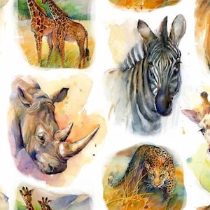 In the Wild Safari Tiere auf Weiß Stoff von 3 Wishes Fabric, Wild Safari Fabric Meterware & Fat Quarters erhältlich