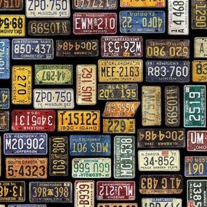 Placas de veículos em tecido preto, tecido de metal pesado, tecidos Dan Morris QT / material para rodovias dos EUA / Fat Quarters e Yardage