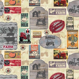 Farmall Farm to Table Farm Signs on Cream by Sykel Enterprises Yardage / Farmall Show Fabric / Tractor Fabric By The Yard & Fat Quarters