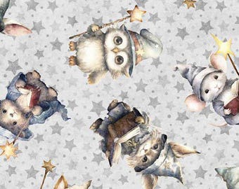Wizard Owls Hat & Wands Toss Cotton Fabric / Lil' Wizards by Quilting Treasures / Magical Wizard Fantasy Fabric / Fabric by the Yard