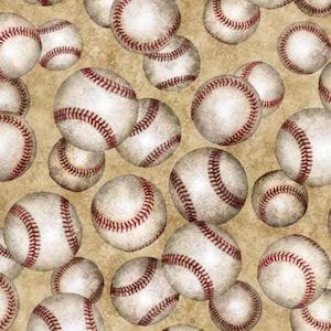 May include: A pattern of baseballs with red stitching on a tan background. The baseballs are in various sizes and orientations, creating a repeating design. The balls have a worn, vintage look.