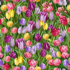 Tulip Fabric by the Yard / Floral Tulip Field Just Hatched Easter by Timeless Treasures, 100% Cotton, by The Yardage and Fat Quarters