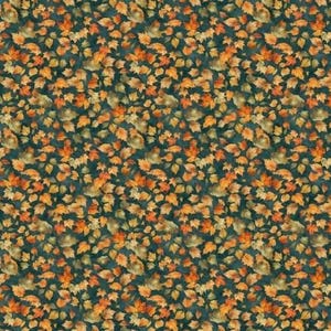 Może przedstawiać: Powtarzający się wzór jesiennych liści w odcieniach pomarańczu, żółci i brązu na ciemnoniebieskim tle. Liście są rozrzucone po powierzchni, tworząc gęsty, teksturowany wzór. Odpowiedni do tkanin, tapet lub innych zastosowań dekoracyjnych.