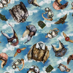 Flight Gear on Blue Fabric, First in Flight by 3 Wishes / Bomber Jacket Theory of Aviation / Fat Quarter & Yardage available