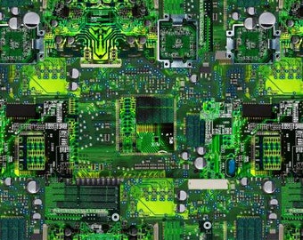 Computer Motherboard Fabric / Circuit Board Green Fabric Green Computer Memory Board / Yardage and Fat Quarters / Computer Science Fabric