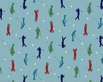 Golf Stoff / Golfspieler Silhouetten auf Blau, Hole in One Kollektion von Northcott / Fat Quarters, Meterware / Golfmaterial Meterware
