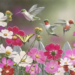 Hummingbirds and Cosmos 36" Digital Panel by David Textiles / Autumn Fabric Panel with Birds