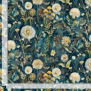 May include: A fabric with a dark teal background featuring a floral pattern. The design includes white dandelions, yellow flowers, and green leaves. The fabric has a watercolor effect, with a ruler along the left side.