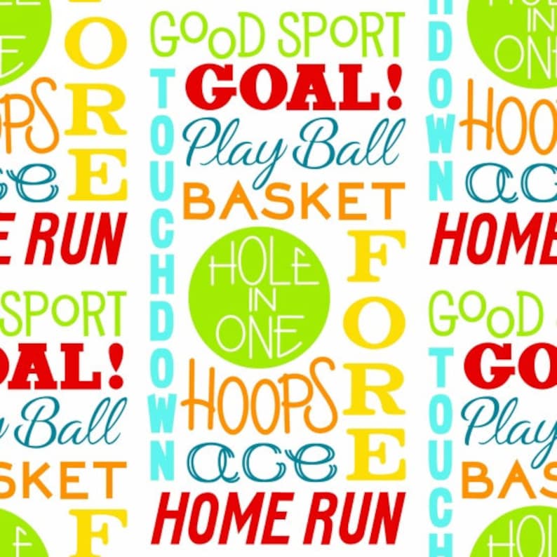 White Fabric Good Sports Fabric Sports Fabric 26x44 Remnant Sports Words-Multi