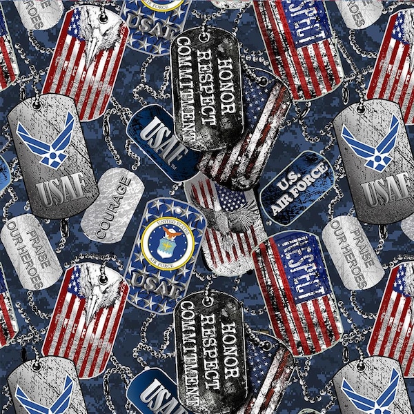 Military Dogtags Air Force Fabric / Military Fabric / Sykel 1254-AF Military Quilt Fabric / Air Force Dog Tags By The Yard and  Fat Quarters