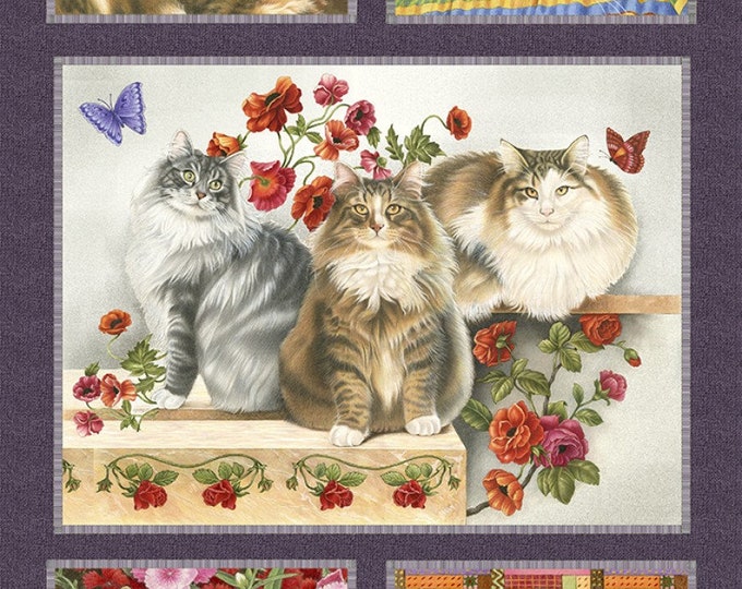 Cats N Quilts Panel Digitally Printed Fabric Panel / Floral Cats Fabric