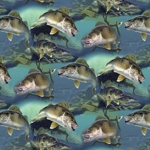 May include: A repeating pattern fabric featuring illustrations of walleye fish swimming in a blue-green underwater environment with rocky terrain and small yellow fishing lures scattered throughout the aquatic scene.