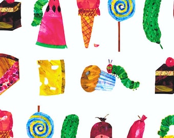 The Very Hungry Caterpillar Fabric by the yard, Classic Lunch Munch Fabric by Eric Carle for Andover Fabrics, Fat Quarters and Yardage