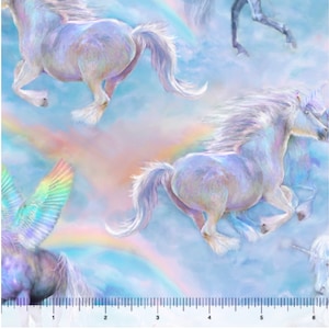 Unicorn Mystique Unicorns and Rainbows on Blue Fabric by QT Fabrics Pink and Purple Blender Fabric / Yardage and Fat Quarters available